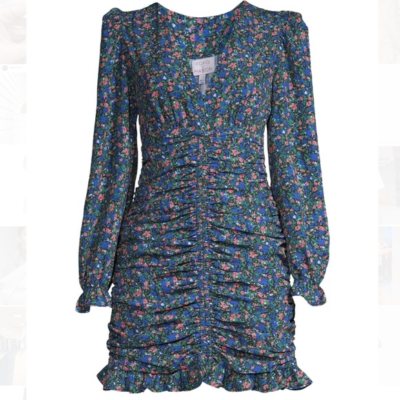 KOKO + MASON ​Floral Ruched Long Sleeve Mini Dress Sz S - Picture 4 of 11